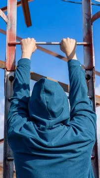 Climbing a communication tower with a view from first-person perspective Stock Photos