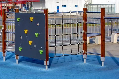 The climbing cube with wall rope nets inside children playground park Stock Photos