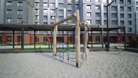 Climbing facility utilizes raw wooden poles and nets Stockbeeldmateriaal 330525081