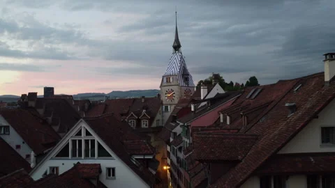 Climbing flight over the old town of Zug with Zytturm in the background Stock Footage 342945644