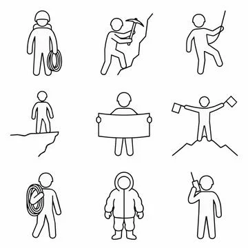 Climbing Mountain Stick Figures Line Art Icons Set Silhouette Stock Illustration