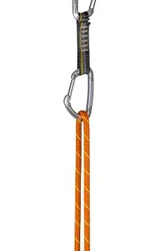 Climbing rope clipped into a quickdraw 库存照片