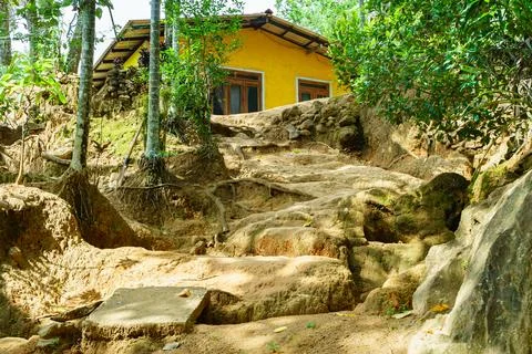 Climbing a step from the ground to the house Stock Photos