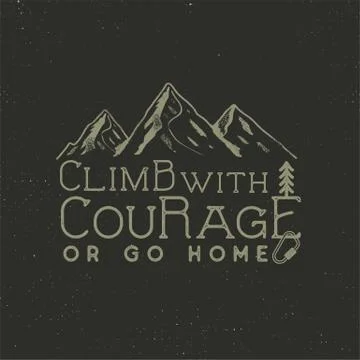 Climbing vintage label design. Hand drawn badge with mountain, climb gear and Stock Illustration