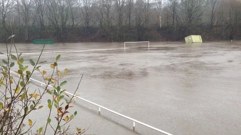 Climet Change, Playing fields underwater after a major flood Stock Footage 95990371