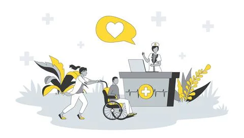 Clinic center concept in flat design with people. Nurse works at reception Stock Illustration