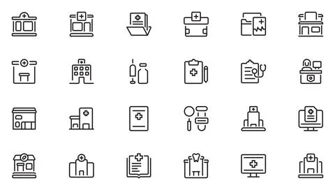 Clinic line icon set. Featuring test, medical, diagnostic, diagnosis, labor.. Stock Illustration