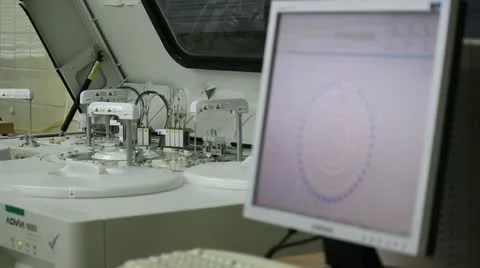 Clinical chemistry analyzer in work process, lab test of blood specimens Stock Footage 12448853