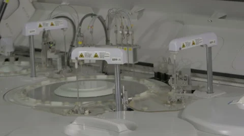 Clinical chemistry analyzer workflow, automated lab device, blood testing Stock Footage 59003757