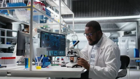 Clinical microbiologist uses microscope for sample observation using PC software Stock Footage 320726643