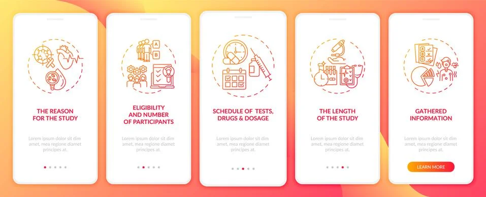 Clinical trial data elements onboarding mobile app page screen with concepts Stockillustratie