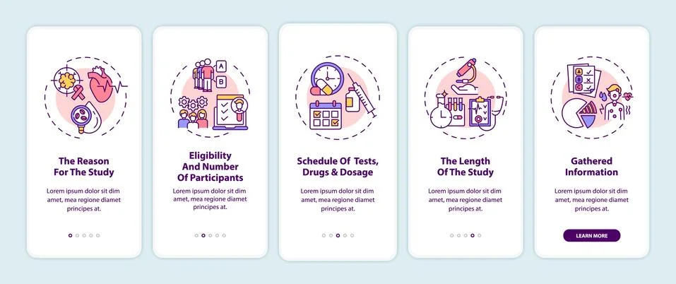Clinical trial protocol components onboarding app page screen with concepts 库存插图