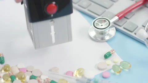 CLINICALLY PROVEN, NO SIDE EFFECTS blue stamp on the paper, medicine related Stock Footage 137873465
