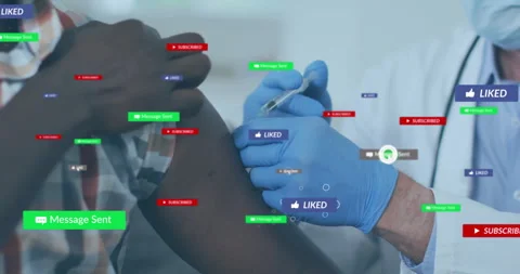 Clinician bringing syringe to arm while social icons flooding before injecting Stock Footage 311963321