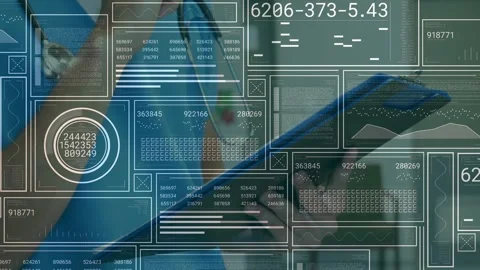 Clinician holding tablet tapping, causing HUD panels updating then clearing Stock Footage 329751527