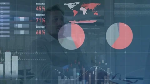 Clinician leaning and tapping tablet, causing animated bars, line and pie charts Stock Footage 333193516