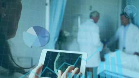 Clinician operating tablet tapping screen causing animated brain scans, charts Stock Footage 335762189