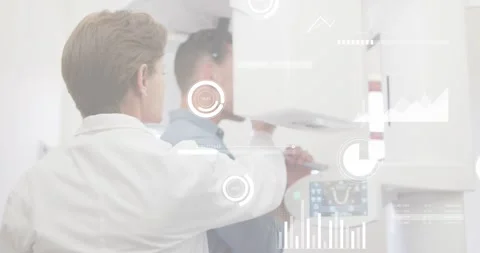 Clinician reaching machine, adjusting head and chin for dental X-ray while HUDs Stock Footage 331026086