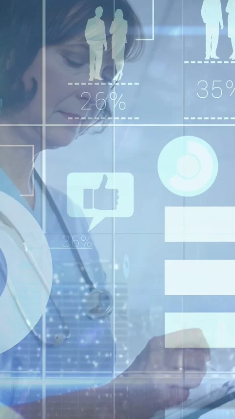 Clinician receiving patient data, charting on tablet with stethoscope, animated Stock Footage 333079550