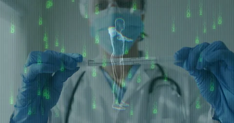 Clinician shifting slide, materializing wireframe avatar with streaming binary Stock Footage 314743275