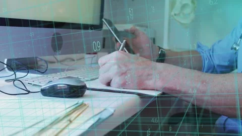 Clinician tapping phone, pulling patient metrics, writing notes at clinic desk, Stock Footage 335761652