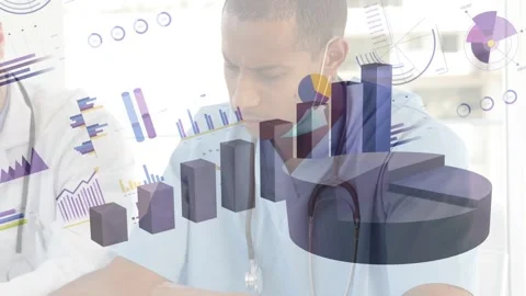 Clinician tapping tablet, analyzing charts for review as 3D charts overlapping, Stock Footage 334703031