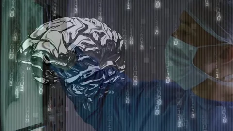 Clinician tapping tablet, calling rotating brain hologram with binary overlay, Stock Footage 335235049