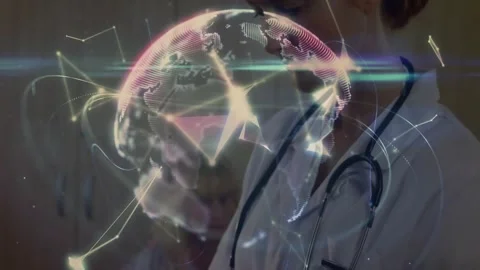 Clinician tapping tablet in clinic, checking data while network forming 3D globe Stock Footage 332405166