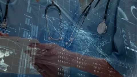 Clinician tapping tablet with right hand, swiping HUD map and data tables while Stock Footage 331062282