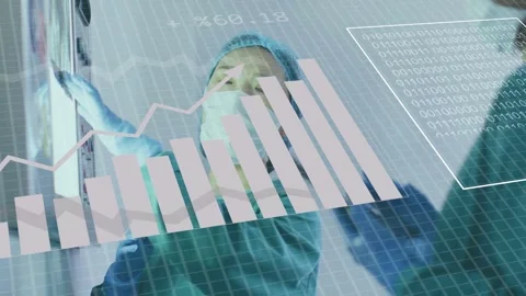 Clinician touching panel in surgical suite, activating animated charts and Stock Footage 334883976