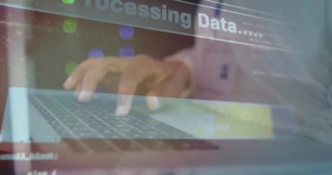 Clinician typing on laptop, initiating processing data overlay with progress Stock Footage 330427297
