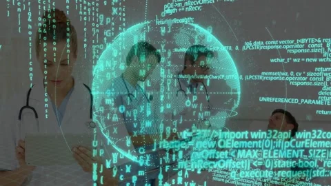 Clinician using tablet doctors leaning and reviewing results while globe Stock Footage 332901907