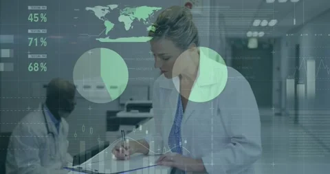 Clinician writing chart at nurses station, live data overlaying rates and pie Stock Footage 330508800