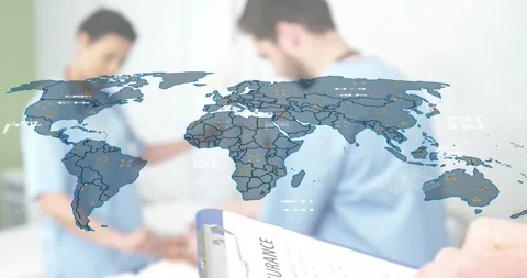 Clinician writing on clipboard, causing map overlay while pullback revealing Stock-Footage 320585347