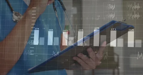 Clinician writing notes on clipboard, activating translucent bar chart overlay Stock Footage 317119414