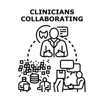 Clinicians collaborating sharing medical data information Stock Illustration