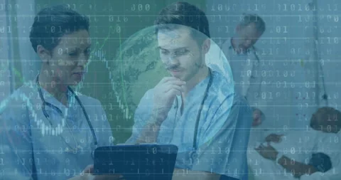 Clinicians pointing tablet and studying as binary code scrolling, chart rising 库存影片 312347239