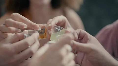 Clink glasses with shots in the event. Video stock 236628068