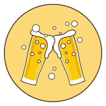 Clinking beer glasses flat icon with long shadow inside yellow circle イラスト素材