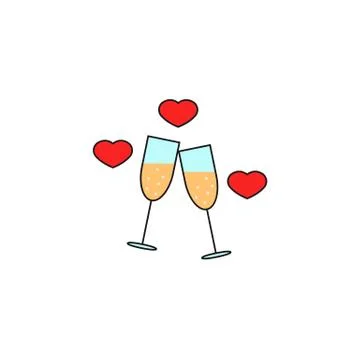 Clinking champagne glasses with hearts solid icon Stock Illustration