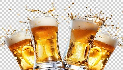 Clinking cold beer with splashing isolated on a transparent background Stock Photos