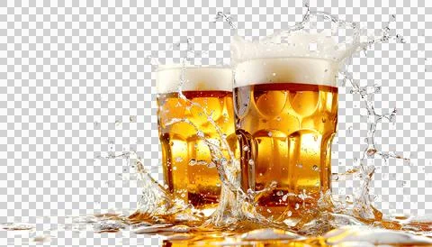 Clinking cold beer with splashing isolated on a transparent background Stock Photos
