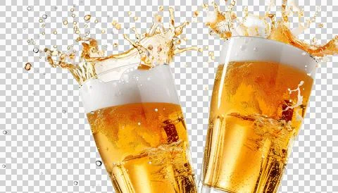 Clinking cold beer with splashing isolated on a transparent background Stock Photos