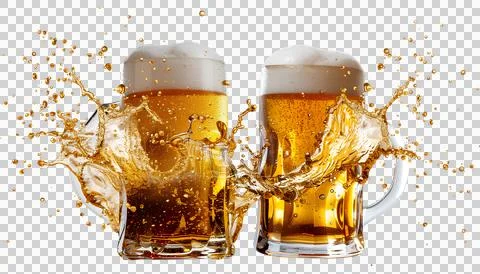 Clinking cold beer with splashing isolated on a transparent background Stock Photos