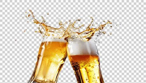 Clinking cold beer with splashing isolated on a transparent background Stock Photos