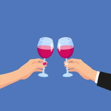 Clinking glasses, hands holding glasses of red wine holiday congratulations Illustrazione stock