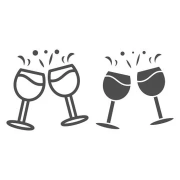 Clinking glasses with wine line and solid icon, Wine festival concept Stock Illustration