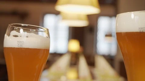 Clinking Two Full Glasses of Beer Stock Footage 113283945