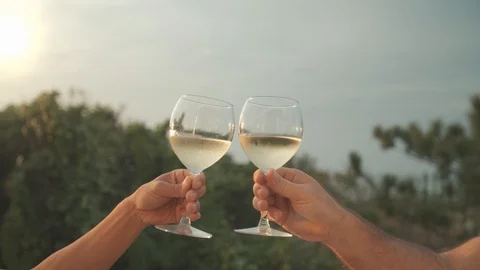 Clinking wine glasses at sunset man and woman hands only, cheers with white wine Stock Footage 124769558