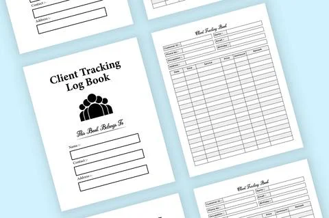 Clint tracking notebook KDP interior. Business buyer and clint information tr Stock Illustration